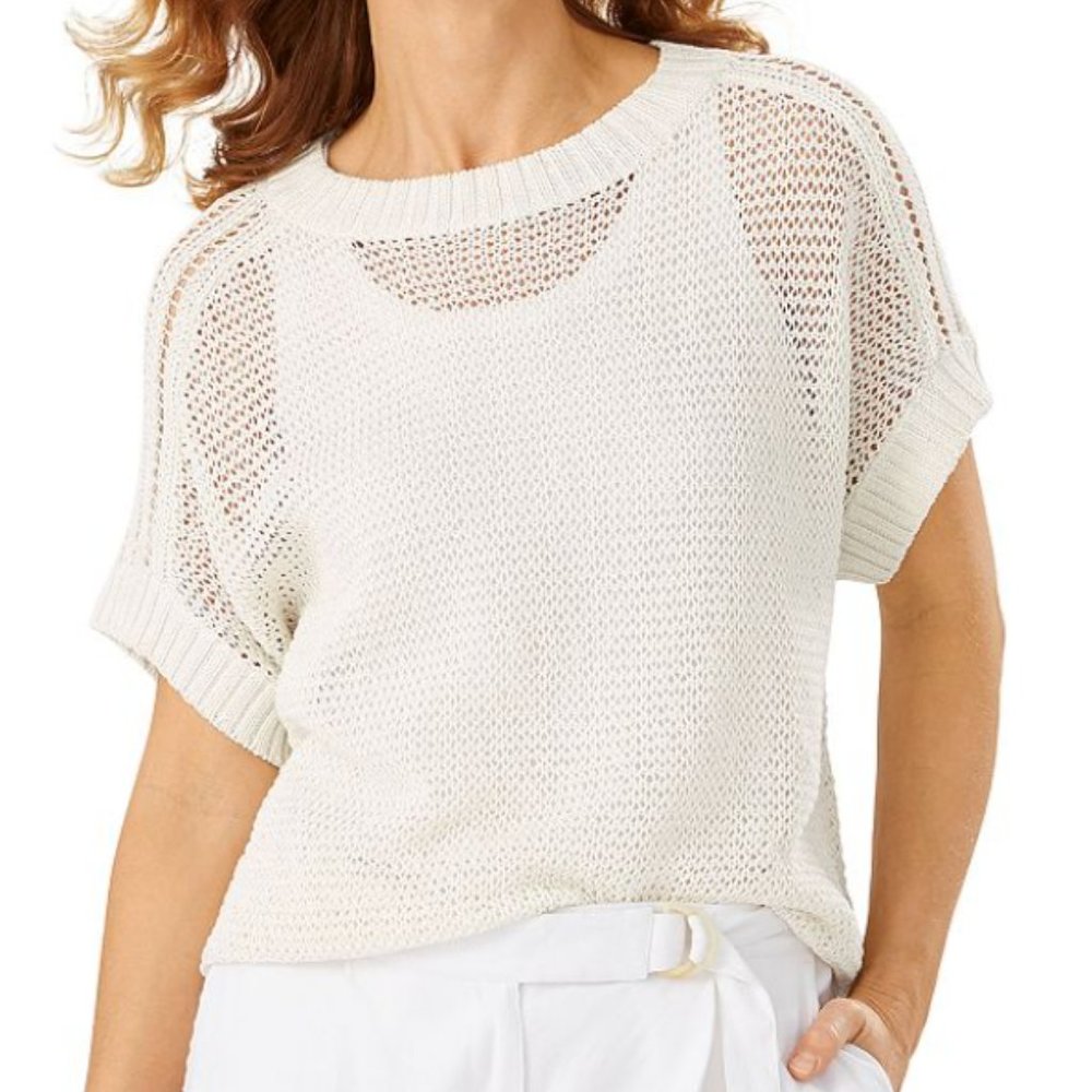 Tommy Bahama Woman XL Silver Shimmer Sommerset Open Knit Sleeveless Sweater EUC